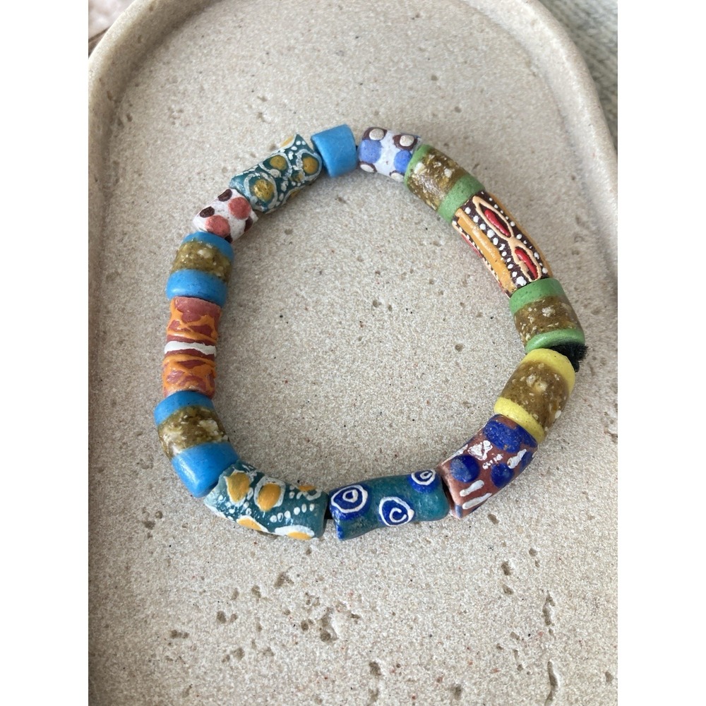 Boho Painted Clay Bead Stretch Bracelet Colorful Tribal Style Artisan